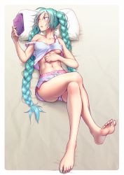 Rule 34 | 1girl, abs, alternate hairstyle, aqua eyes, aqua hair, bare legs, barefoot, bed, blush, braid, brand name imitation, breasts, clothes lift, collarbone, crossed legs, crotch, feet, fingernails, foot focus, full body, hatsune miku, highres, legs, long hair, lying, medium breasts, midriff, nail polish, navel, no bra, no panties, on back, open mouth, outside border, parted lips, pillow, reading, shirt lift, short shorts, shorts, sketch, soles, solo, strap slip, tablet, tank top, thighs, toenail polish, toenails, toes, toned, twin braids, twintails, underboob, upshorts, very long hair, vocaloid, wokada