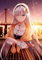 Rule 34 | 1girl, absurdres, american flag, anastasia (fate), black hairband, black skirt, blue eyes, blurry, blurry background, blush, closed mouth, collared shirt, commentary request, crossed arms, depth of field, dress, dress shirt, fate/grand order, fate (series), flag, golden gate bridge, hair over one eye, hairband, high-waist skirt, highres, holding, holding flag, junpaku karen, long hair, long sleeves, looking at viewer, official alternate costume, outdoors, pixiv id, puffy long sleeves, puffy sleeves, see-through, shawl, shirt, silver hair, skirt, sky, solo, standing, striped clothes, striped skirt, vertical-striped clothes, vertical-striped skirt, very long hair, white dress
