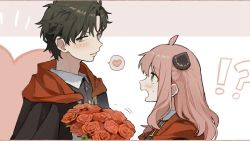 Rule 34 | !?, 1boy, 1girl, aged up, ahoge, anya (spy x family), blush, bouquet, buttons, cape, closed mouth, commentary request, damian desmond, dango (uni 520), eden academy school uniform, flower, green eyes, heart, holding, holding bouquet, horn ornament, horns, long sleeves, looking at another, medium hair, meme, open mouth, pink hair, rose, school uniform, sidelocks, sparkle, spoken heart, spy x family, sweatdrop, two-sided cape, two-sided fabric