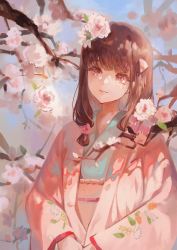 Rule 34 | 1girl, absurdres, branch, brown hair, copyright request, day, flower, hair ornament, highres, japanese clothes, kimono, long hair, long sleeves, minini97372, mole, mole under eye, open clothes, outdoors, own hands together, parted lips, procreate (medium), red eyes, smile, solo, white flower, white kimono, wide sleeves