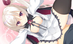 Rule 34 | 1boy, 1girl, :p, akizuki kanna, aria (koiiroharemoyou), aroused, black cape, black collar, black ribbon, black thighhighs, blush, breasts, breasts out, bright pupils, cafe stella to shinigami no chou, cape, cleavage, closed mouth, clothed sex, collar, commentary request, cowgirl position, dutch angle, eyelashes, frilled skirt, frills, furrowed brow, garter straps, hair between eyes, hair ribbon, heart, heart-shaped pupils, hetero, highres, jacket, large breasts, leaning forward, long hair, looking at viewer, miniskirt, nipples, no bra, no panties, outstretched arms, pink background, pov, red eyes, red ribbon, ribbon, sex, side ponytail, sidelocks, simple background, skirt, smile, straddling, symbol-shaped pupils, thighhighs, tongue, tongue out, very long hair, white hair, white jacket, white skirt, yuzu-soft, zettai ryouiki