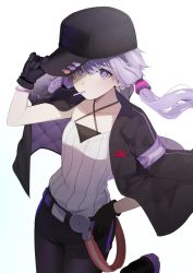 Rule 34 | 1girl, baseball cap, belt, black hat, black jacket, black pantyhose, black shorts, boots, breasts, candy, collarbone, criss-cross halter, food, food in mouth, halterneck, hand on headwear, hand on own hip, hat, highres, hiiragi mikoto, jacket, jacket on shoulders, lollipop, long hair, looking at viewer, low twintails, pantyhose, purple eyes, purple hair, shirt, shirt tucked in, short shorts, shorts, simple background, sleeveless, sleeveless shirt, small breasts, solo, twintails, voiceroid, white background, white shirt, wristband, yuzuki yukari, yuzuki yukari (nagi)
