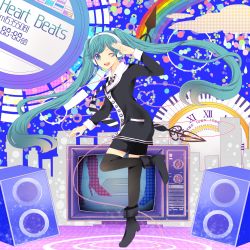 Rule 34 | 1girl, absurdres, aqua eyes, aqua hair, hatsune miku, headphones, heart beats (vocaloid), highres, komine, long hair, one eye closed, open mouth, shoes, smile, solo, speaker, television, thighhighs, twintails, very long hair, vocaloid, wink