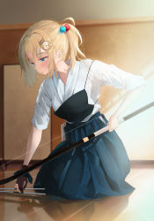 Rule 34 | 1girl, absurdres, arrow (projectile), blonde hair, blue eyes, blush, bow (weapon), gloves, hakama, hakama skirt, highres, holding, holding weapon, hololive, hololive english, japanese clothes, kneeling, muneate, partially fingerless gloves, partly fingerless gloves, side ponytail, skirt, solo, tasuki, timo wei95, virtual youtuber, watson amelia, weapon, yugake, yumi (bow)