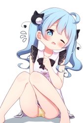 Rule 34 | 1girl, ahoge, black bow, blue eyes, blue hair, blush, bow, collared dress, commentary, dress, feet out of frame, flying sweatdrops, head tilt, knees together feet apart, knees up, long hair, looking at viewer, one eye closed, open mouth, original, panties, setmen, shadow, sitting, sleeveless, sleeveless dress, solo, twintails, underwear, wavy mouth, white background, white dress, yellow panties
