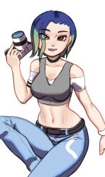 Rule 34 | 1girl, bare shoulders, black choker, blue hair, bob cut, brown eyes, camera, choker, creatures (company), crop top, game freak, gradient hair, grin, highres, hitoridoodles, holding, holding camera, looking at viewer, multicolored hair, navel, nintendo, off-shoulder shirt, off shoulder, perrin (pokemon), piknumpa, pokemon, pokemon sv, shiny skin, shirt, short hair, short sleeves, simple background, smile, solo, standing, wide hips