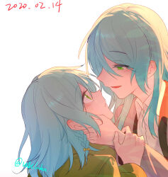 Rule 34 | 2girls, aqua hair, bang dream!, bow, braid, green eyes, green shirt, grey jacket, hair bow, hand on another&#039;s face, highres, hikawa hina, hikawa sayo, holding another&#039;s wrist, imminent kiss, incest, jacket, light blush, light rays, long hair, looking at another, medium hair, multiple girls, open mouth, shirt, siblings, sisters, smile, twincest, twins, walluka, white shirt, yuri