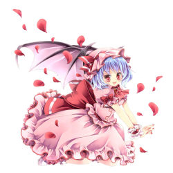 Rule 34 | 1girl, ascot, bat wings, blue hair, blush, bow, fang, female focus, frilled skirt, frills, full body, guildones, hat, hat ribbon, open mouth, petals, pink skirt, red eyes, remilia scarlet, ribbon, shirt, short hair, sitting, skirt, skirt set, smile, solo, touhou, v arms, white background, wings, wrist cuffs, wrist ribbon