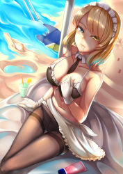 Rule 34 | 1girl, absurdres, apron, beach, bikini, black bikini, black pantyhose, blonde hair, blue eyes, breasts, cleavage, crotch seam, day, drooling, frilled apron, frills, gloves, heterochromia, highres, lanse dai mao, large breasts, looking at viewer, maid headdress, ocean, outdoors, pantyhose, pantyhose over swimsuit, renown (warship girls r), seashell, shell, short hair, solo, swimsuit, turret, waist apron, warship girls r, water, white apron, white gloves, yellow eyes