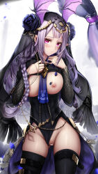 Rule 34 | 1girl, absurdres, arknights, bar censor, black flower, black leotard, black rose, black thighhighs, braid, breasts, censored, closed mouth, clothes lift, clothing aside, cowboy shot, flower, fringe trim, gluteal fold, hands on own chest, head wings, highres, jewelry, large breasts, leotard, leotard aside, lifting own clothes, long hair, looking at viewer, manticore (arknights), manticore (under a veil) (arknights), nipples, nopetroto, official alternate costume, petals, pointy ears, purple eyes, purple hair, pussy, rose, scorpion tail, see-through, simple background, smile, solo, tail, thighhighs, twin braids, veil, very long hair, waist cape, white background, wings