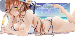 Rule 34 | 1girl, absurdres, ass, beach, bikini, blush, breasts, brown hair, cheek rest, cleavage, collarbone, cup, girls&#039; frontline, green eyes, hair rings, hat, highres, holding, holding cup, kyoyakyo, large breasts, long hair, looking at viewer, lying, o-ring, o-ring bikini, o-ring top, official alternate costume, on stomach, outdoors, outside border, ponytail, sidelocks, smile, solo, springfield (girls&#039; frontline), springfield (stirring mermaid) (girls&#039; frontline), sun hat, swimsuit, thong bikini, white bikini