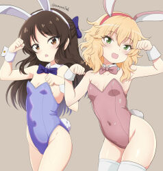 Rule 34 | 2girls, animal ears, armpits, blonde hair, blue bow, blue bowtie, blue leotard, bow, bowtie, breasts, brown background, brown eyes, brown hair, cleavage, clenched hands, collarbone, commentary request, covered navel, cowboy shot, detached collar, fake animal ears, fake tail, flat chest, green eyes, groin, hair between eyes, hair bow, hands up, highleg, highleg leotard, highres, idolmaster, idolmaster cinderella girls, leotard, light blush, long hair, looking at viewer, medium hair, multiple girls, open mouth, paw pose, pink bow, pink bowtie, pink leotard, playboy bunny, rabbit ears, rabbit tail, sakurai momoka, sidelocks, small breasts, smile, tachibana arisu, tail, tamayan, thighhighs, thighs, twitter username, wavy hair, white thighhighs, wrist cuffs