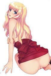 Rule 34 | 00s, anus, ass, back, blonde hair, blue eyes, blush, clothes lift, clothes pull, dress, dress lift, dress pull, long hair, macross, macross frontier, pinup (style), pussy, sheryl nome, sitting, tony taka, uncensored