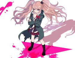 Rule 34 | 1girl, bear hair ornament, black footwear, black necktie, blonde hair, blood, blue eyes, boots, borrowed clothes, bow, breasts, cleavage, closed mouth, collarbone, collared shirt, crossed arms, danganronpa: trigger happy havoc, danganronpa (series), enoshima junko, green jacket, hair ornament, highres, jacket, knee boots, komaeda nagito, large breasts, long hair, long sleeves, looking at viewer, miniskirt, nail polish, necktie, pink blood, plaid, plaid skirt, red bow, red nails, red skirt, shenmu (nyx 0), shirt, skirt, smile, solo, standing, swept bangs, tsurime, twintails, white necktie