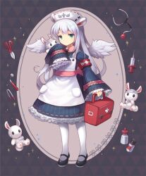 Rule 34 | 1girl, angel wings, animal, animal ears, apron, aqua eyes, armband, bandages, black footwear, blue dress, border, bottle, bow, box, dress, dropper, expressionless, feathered wings, first aid kit, frilled dress, frilled sleeves, frills, full body, grey hair, hat, holding, holding animal, holding box, lolita fashion, long hair, lunaticmed, mary janes, nurse, nurse cap, original, patterned background, rabbit, rabbit ears, round border, scissors, shoes, sleeves past fingers, sleeves past wrists, sparks, stethoscope, syringe, tearing up, thighhighs, two-tone background, waist bow, white apron, white thighhighs, wings