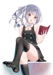 Rule 34 | 10s, 1girl, :o, arm at side, arm support, bad id, bad pixiv id, belt, blush, book, brown eyes, buttons, crossed legs, denkitori, detached collar, dress, feet, hair ribbon, highres, holding, holding book, kantai collection, kasumi (kancolle), kasumi kai ni (kancolle), long hair, looking at viewer, naked vest, no shirt, no shoes, open book, open mouth, pinafore dress, ribbon, school uniform, shiny clothes, shiny skin, side ponytail, silver hair, sitting, skindentation, sleeveless, sleeveless dress, soles, solo, suspenders, thighhighs, thighs, toes, vest