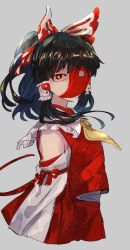 Rule 34 | 1girl, ascot, bare shoulders, black hair, bow, chamaruk, collar, detached sleeves, dress, frilled bow, frilled hair tubes, frills, grey background, hair bow, hair tubes, hakurei reimu, highres, japanese clothes, looking at viewer, medium hair, miko, nontraditional miko, orb, red bow, red dress, red eyes, red shirt, red skirt, ribbon-trimmed sleeves, ribbon trim, shirt, sidelocks, simple background, skirt, skirt set, sleeveless, sleeveless dress, solo, touhou, upper body, white collar, wide sleeves, yellow ascot, yin yang, yin yang orb