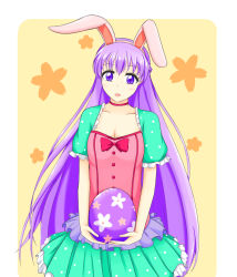 Rule 34 | 1girl, absurdly long hair, animal ears, blush stickers, bow, breasts, cleavage, clothes lift, dress, dress lift, easter egg, egg, fake animal ears, fire emblem, fire emblem: the binding blade, fire emblem heroes, highres, leotard, long hair, nintendo, open mouth, orange background, playboy bunny, purple eyes, purple hair, rabbit ears, short sleeves, simple background, small breasts, solo, sophia (fire emblem), very long hair