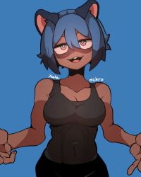 Rule 34 | 1girl, animal ears, bare shoulders, black legwear, black tank top, blue background, blue hair, body fur, brand new animal, breasts, cleavage, collarbone, covered navel, dark skin, facing viewer, furry, furry female, kagemori michiru, long image, medium breasts, multicolored eyes, open mouth, outstretched arms, raccoon ears, raccoon girl, short hair, simple background, smile, solo, spread arms, tall image, tank top, tanuki, teeth, upper teeth only, yacha