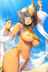 Rule 34 | 1girl, arm up, armpits, black hair, blue eyes, blue sky, blunt bangs, bracelet, breasts, clenched hand, day, egyptian clothes, glint, groin, headgear, jewelry, large breasts, looking at viewer, medium hair, menace (queen&#039;s blade), menace (queen&#039;s blade unlimited), navel, official art, open mouth, outdoors, panties, pelvic curtain, queen&#039;s blade, queen&#039;s blade unlimited, queen&#039;s blade white triangle, revealing clothes, ring, setra, shawl, sky, solo, striped clothes, striped panties, tan, underboob, underwear