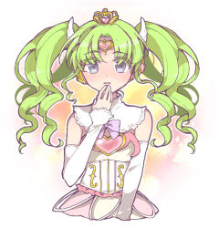 Rule 34 | 1girl, blush, colored eyelashes, commentary request, cropped torso, crown, detached collar, detached sleeves, dress, drill hair, falulu, forehead jewel, green hair, grey eyes, hand to own mouth, hand up, headphones, heart, long hair, looking at viewer, mini crown, nojima minami, open mouth, parted bangs, pretty series, pripara, solo, twin drills, white background, white dress, white sleeves, wing hair ornament