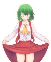 Rule 34 | 1girl, ascot, center frills, closed mouth, cowboy shot, curtsey, closed eyes, facing viewer, frilled ascot, frills, gluteal fold, green hair, kazami yuuka, long sleeves, miyo (ranthath), no panties, open clothes, open vest, plaid, plaid skirt, plaid vest, short hair, simple background, skirt, skirt set, smile, solo, touhou, vest, white background, wing collar