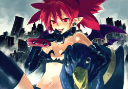 Rule 34 | 00s, 1girl, 1other, bat wings, boots, bracelet, choker, disgaea, earrings, elbow gloves, etna (disgaea), feet out of frame, gloves, jewelry, licking, makai senki disgaea, makai senki disgaea 2, matching hair/eyes, midriff, navel, open mouth, pointy ears, prinny, red eyes, red hair, skull, slit pupils, smile, solo, solo focus, sweat, thigh boots, thighhighs, toi8, upper body, wings
