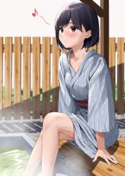 Rule 34 | 1girl, absurdres, black hair, bob cut, brown eyes, closed mouth, commentary request, crossed legs, fence, highres, japanese clothes, kimono, kiona (giraffe kiona), onsen, original, shadow, short hair, sitting, smile, soaking feet, solo, steam, wooden fence