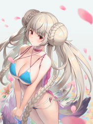 Rule 34 | 1girl, azur lane, bare arms, bare shoulders, bikini, blue background, blue bikini, blush, braid, breasts, choker, cleavage, closed mouth, collarbone, commentary request, criss-cross halter, double bun, feathers, flower, formidable (azur lane), formidable (the lady of the beach) (azur lane), from above, hair bun, halterneck, highres, large breasts, long hair, looking at viewer, looking up, moonandmist, own hands together, petals, pink choker, pink flower, red eyes, simple background, solo, standing, swimsuit, twin braids, twintails, v arms, very long hair