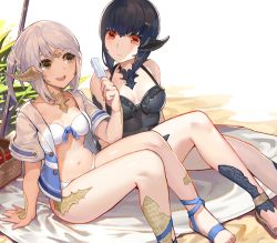 Rule 34 | 2girls, :d, akizone, arm support, au ra, barefoot sandals (jewelry), beach, bikini, black hair, black one-piece swimsuit, breasts, brown eyes, cheeze (akizone), closed mouth, commentary, english commentary, final fantasy, final fantasy xiv, food, grass, grey hair, halterneck, hand up, holding, horns, multiple girls, navel, one-piece swimsuit, open mouth, parasol, picnic basket, popsicle, red eyes, renz (rirene rn), round teeth, sandals, signature, sitting, small breasts, smile, swimsuit, teeth, towel, umbrella, warrior of light (ff14), white bikini