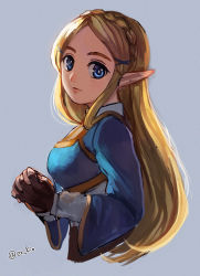 Rule 34 | 1girl, black gloves, blonde hair, blue eyes, blue shirt, braid, breasts, closed mouth, crop top, fingerless gloves, forehead, french braid, gloves, hair ornament, hairclip, interlocked fingers, long hair, long sleeves, looking at viewer, medium breasts, nintendo, pointy ears, princess, princess zelda, purple background, shirt, simple background, solo, the legend of zelda, the legend of zelda: breath of the wild, thick eyebrows, totsuji rio, turtleneck, twitter username, undershirt, upper body, white shirt, wide sleeves