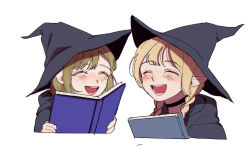 Rule 34 | 2girls, :d, aged down, black choker, black headwear, black robe, blonde hair, book, braid, choker, closed eyes, dungeon meshi, facing viewer, falin touden, falin touden (tallman), hat, holding, holding book, marcille donato, medium hair, multiple girls, open mouth, pointy ears, robe, simple background, smile, twin braids, white background, witch, witch hat, yp (pypy 5 )