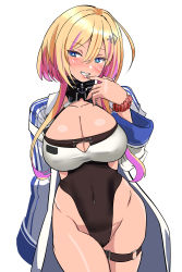 Rule 34 | 1girl, absurdres, azur lane, blonde hair, blue eyes, blush, breasts, cleavage, cleavage cutout, clothing cutout, coat, collarbone, finger to mouth, gyaru, hair ornament, hey taisyou, highres, large breasts, leotard, marblehead (azur lane), multicolored hair, pink hair, simple background, solo, symbol-shaped pupils, tan, thigh strap, transparent background, white background
