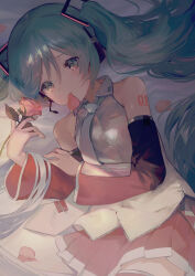 Rule 34 | 1girl, bed sheet, black thighhighs, blue hair, blush, brown skirt, brown sleeves, closed mouth, collared shirt, commentary, detached sleeves, eyebrows hidden by hair, flower, green eyes, grey necktie, hair between eyes, hatsune miku, headphones, headset, highres, holding, holding flower, ito taera, long hair, long sleeves, looking at viewer, lying, mouth hold, necktie, on back, petals, pink flower, pink rose, pleated skirt, revision, rose, shirt, skirt, sleeveless, sleeveless shirt, solo, thighhighs, tie clip, twintails, twitter username, very long hair, vocaloid, white shirt, wide sleeves