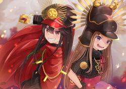 Rule 34 | 2girls, arm up, bad id, bad pixiv id, black capelet, black hat, black jacket, brown hair, cape, capelet, chacha (fate), commentary request, crest, dutch angle, family crest, fate/grand order, fate (series), fur collar, gloves, grin, hair between eyes, hand on own hip, hat, holding, holding sword, holding weapon, jacket, katana, koha-ace, long hair, long sleeves, looking at viewer, miko fly, military hat, multiple girls, oda nobunaga (fate), oda nobunaga (koha-ace), oda uri, peaked cap, pixiv fate/grand order contest 2, purple eyes, red cape, red eyes, see-through, smile, sword, uncle and niece, very long hair, weapon, white gloves