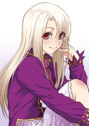 Rule 34 | 1girl, fate/stay night, fate (series), frilled skirt, frills, from side, hair between eyes, hand in own hair, illyasviel von einzbern, long hair, looking at viewer, purple neckwear, purple shirt, red eyes, shirt, silver hair, simple background, sitting, sjw kazuya, skirt, smile, solo, white background, white skirt