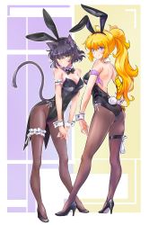 Rule 34 | 2girls, animal ears, arm garter, bare shoulders, black hair, black leotard, blake belladonna, blonde hair, bow, bowtie, breasts, cat ears, cat tail, cleavage, coattails, covered navel, detached collar, fake animal ears, fake tail, fishnet legwear, fishnets, full body, high heels, highres, iesupa, large breasts, legwear garter, leotard, long hair, medium breasts, multiple ears, multiple girls, pantyhose, playboy bunny, ponytail, prosthesis, prosthetic arm, purple eyes, rabbit ears, rabbit tail, rwby, single legwear garter, standing, strapless, strapless leotard, tail, wrist cuffs, yang xiao long, yellow eyes