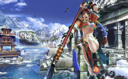Rule 34 | 1girl, architecture, boots, breasts, bridge, east asian architecture, fighting stance, glaive (polearm), halberd, hanging bridge, headband, kawano takuji, large breasts, midriff, mountain, namco, navel, official art, official wallpaper, pagoda, polearm, rainbow, scenery, seong mi-na, solo, soul calibur, soulcalibur, soulcalibur iii, spear, temple, underboob, vambraces, water, weapon