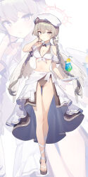 Rule 34 | 1girl, ainy, bikini, blue archive, blush, braid, breasts, brown eyes, cleavage, closed mouth, cup, detached collar, drink, drinking glass, drinking straw, food, fruit, full body, gluteal fold, hair between eyes, halo, hat, highres, large breasts, lemon, lemon slice, light brown hair, long hair, nagisa (blue archive), pink halo, sailor hat, sandals, sarong, solo, swimsuit, toenails, toes, twin braids, twitter username, white bikini, white hat, white sarong, zoom layer