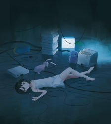 Rule 34 | 1girl, bare arms, bare shoulders, barefoot, black eyes, black hair, cable, chihuri, commentary request, crt, dress, hair between eyes, hair ornament, highres, iwakura lain, looking at viewer, lying, monitor, on back, on floor, screen light, serial experiments lain, short hair, sleeveless, sleeveless dress, solo, strap slip, stuffed animal, stuffed rabbit, stuffed toy, teddy bear, toenails, white dress, wooden floor, x hair ornament