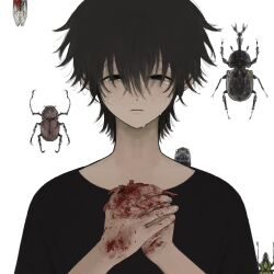 Rule 34 | 1boy, beetle, black eyes, black hair, black shirt, blood, blood on hands, bug, closed mouth, hair between eyes, hands up, highres, insect, male focus, original, shirt, short hair, solo, tears, white background, yuzhoupiaofu