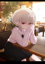 Rule 34 | 1girl, ahoge, aran sweater, black skirt, blush, cable knit, closed mouth, day, grey hair, head rest, highres, indoors, letterboxed, long sleeves, looking at viewer, makaino ririmu, medium hair, miniskirt, nijisanji, photo background, pink eyes, pink sweater, pointy ears, sitting, skirt, smile, solo, sweater, two side up, utsusumi kio, virtual youtuber