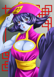 Rule 34 | 1girl, biceps, breasts, capcom, chinese clothes, cleavage, hat, large breasts, lei lei, looking at viewer, purple hair, vampire (game)