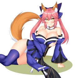 Rule 34 | 10s, 1girl, absurdres, animal ears, bad id, bad pixiv id, bare shoulders, blue kimono, blue thighhighs, blush, bow, breast hold, breasts, cleavage, closed mouth, collar, curvy, detached sleeves, fate/extra, fate/grand order, fate (series), fox ears, fox tail, hair between eyes, hair bow, highres, japanese clothes, keshigomu, kimono, large breasts, long hair, long sleeves, looking at viewer, lying, on side, panties, pelvic curtain, pink hair, short kimono, smile, solo, strapless, tail, tamamo (fate), tamamo no mae (fate/extra), thighhighs, twintails, underwear, white panties, wide hips, wide sleeves, yellow eyes