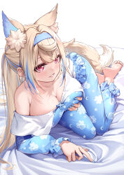 Rule 34 | 1girl, alternate costume, animal ear fluff, animal ears, barefoot, bed sheet, blonde hair, blue hair, blue hairband, blue pajamas, blush, breasts, cleavage, commentary, curry bowl, dog ears, dog girl, dog tail, english commentary, extra ears, fuwawa abyssgard, hair intakes, hairband, highres, hololive, hololive english, large breasts, long sleeves, looking at viewer, multicolored hair, naughty face, on bed, pajamas, pink eyes, ponytail, seductive smile, single bare shoulder, single off shoulder, sleepwear, smile, solo, streaked hair, tail, virtual youtuber