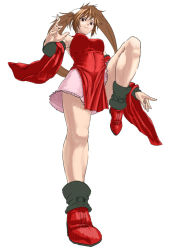 Rule 34 | 1girl, arc system works, breasts, brown hair, china dress, chinese clothes, cuboon, detached sleeves, dress, from below, full body, guilty gear, kuradoberi jam, leg up, long sleeves, looking at viewer, medium breasts, red dress, simple background, solo, standing, standing on one leg, twintails, white background