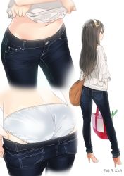 Rule 34 | 10s, 1girl, 2016, alternate costume, ama mitsuki, artist name, ass, bag, black hair, casual, clothes pull, commentary, dated, denim, duplicate, haruna (kancolle), headgear, high heels, jeans, kantai collection, long hair, multiple views, navel, panties, pants, pants pull, shopping bag, simple background, spring onion, tight clothes, tight pants, underwear, undressing, white background, white panties