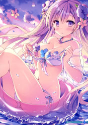 Rule 34 | 1girl, absurdres, ass, bare legs, bare shoulders, bikini, blush, breasts, bubble, cleavage, closed mouth, cloud, cloudy sky, floating hair, flower, hair flower, hair ornament, highres, hoshino koucha, innertube, jewelry, long hair, looking at viewer, medium breasts, navel, necklace, original, page number, petals, pink flower, purple bikini, purple eyes, purple flower, purple hair, scan, side-tie bikini bottom, sidelocks, sky, solo, stomach, sunset, swim ring, swimsuit, thighs, twintails, untied bikini, very long hair, water