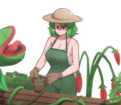 Rule 34 | 1girl, bare arms, bare shoulders, blouse, breasts, carnivorous plant, cleavage, flower, flower pot, gloves, green hair, green overalls, hat, highres, huge breasts, kazami yuuka, mata (matasoup), overalls, plant, red eyes, shirt, short hair, sleeveless, solo, straw hat, table, tank top, taut clothes, touhou, vines, wavy hair, white background, white shirt