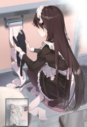 Rule 34 | 1boy, 1girl, 7gao, animal, apron, black dress, black pantyhose, brown hair, cat, closed eyes, closed mouth, commentary request, dress, earrings, frilled apron, frilled dress, frills, heart, highres, holding, holding animal, holding cat, jewelry, long hair, long sleeves, maid, maid apron, maid headdress, original, pantyhose, slippers, squatting, tiptoes, toilet paper, toilet paper tube, toilet use, very long hair, white apron